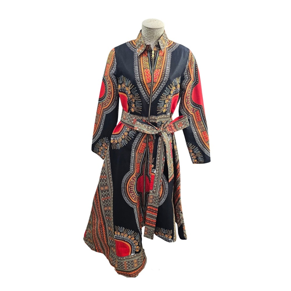 Mae Otti Dashiki Print Dress Womens Medium Black Red Asymmetrical Hem Zip Front